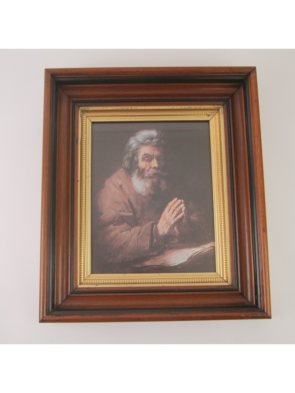 Antique Victorian Deep Picture Frame Walnut Wood Gold Gilt Old Man Praying Print